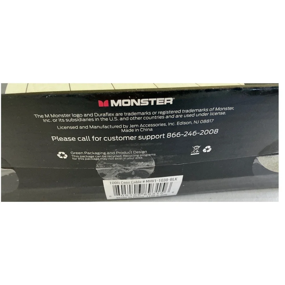 Monster Coaxial RG-6 Cable 100ft In-Wall Rated Gold Plated Connectors Black